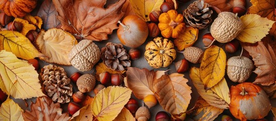 Poster - Autumn arrangement Border of dry leaves acorns and pumpkins on a white backdrop Flat lay top view copy space