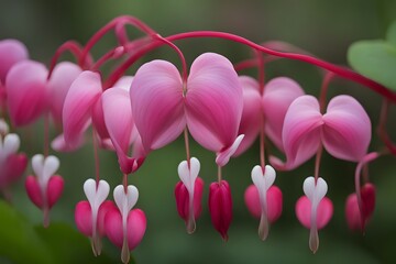 Wall Mural - Pink bleeding heart flowers with heart shaped petals and arching stems,  Ai Generated