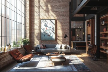 Chic urban loft with exposed brick walls, industrial-style furniture, and a cozy seating area bathed in natural light from large windows