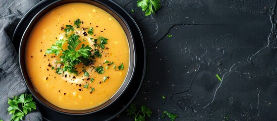 Poster - Vegan cream soup top view with copy space Various pureed soups set against a black background