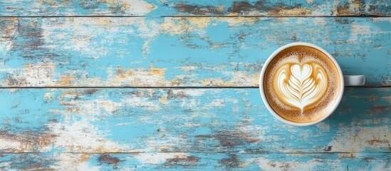 Aufkleber - Latte art in a coffee cup on a weathered vintage blue wooden table with copyspace for text