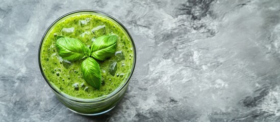 Leinwandbilder - Detox green vegetable juice or smoothie adorned with a fresh basil leaf in a cocktail glass set against a light gray slate stone or concrete background Top view with copy space
