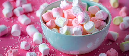 Poster - Bowl filled with colorful marshmallows on a white table Room for text. with copy space image. Place for adding text or design