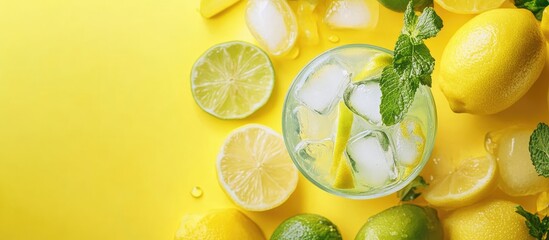 Leinwandbilder - Holding a glass filled with ice limes lemons and mint an ideal pairing for the soul against a vibrant backdrop with room for text or other elements. with copy space image
