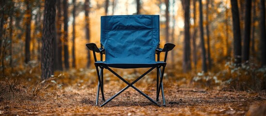 Poster - blue trekking folding chair in the forest. with copy space image. Place for adding text or design