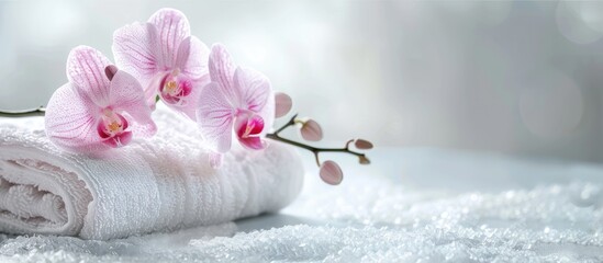 Poster - Spa arrangement featuring a towel and a pink flower on a white background with copy space Square image
