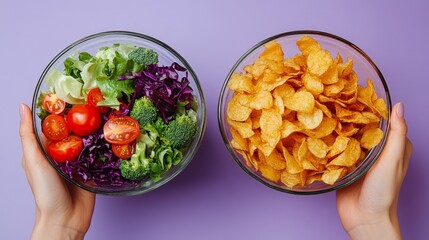 Wall Mural - Healthy Salad vs Junk Food Chips in Contrasting Hands