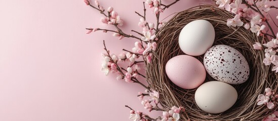 Poster - Nest with vibrant Easter eggs chocolate bunny and pussy willow branches on a light background. with copy space image. Place for adding text or design