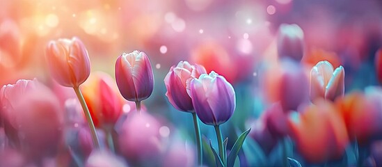 Poster - Vibrant tulips bloom in spring creating a bokeh floral backdrop pastel and soft for a card with a selective focus A colorful tulip field is highlighted with selective focus Background of nature flowe