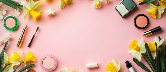 Poster - Blank card with a frame of various cosmetics and daffodils on a pink background. with copy space image. Place for adding text or design
