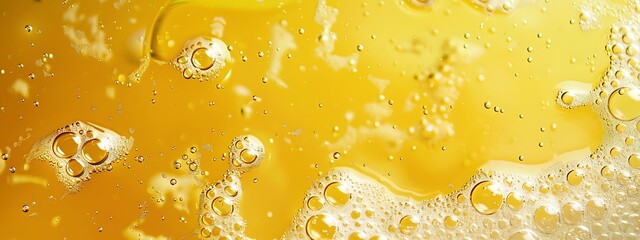 yellow macro beer background, close up of beer bubbles drops foam on glass, texture drink wallpaper, brewery pub banner, liquid transparent froth