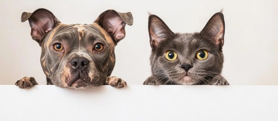 Aufkleber - The Staffordshire Terrier dog breed and the Scottish Straight cat peer out from behind a banner against a white background. with copy space image. Place for adding text or design