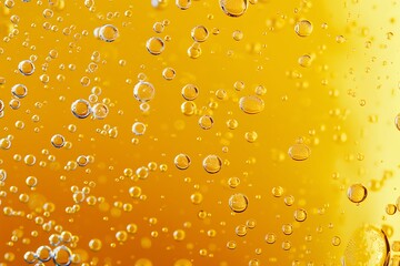 yellow macro beer background, close up of beer bubbles drops foam on glass, texture drink wallpaper, brewery pub banner, liquid transparent froth