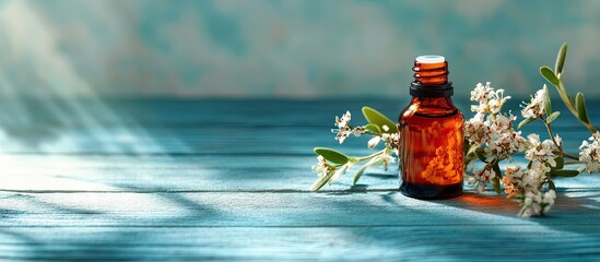 Poster - Spa arrangement featuring tea tree oil on a blue wooden surface. with copy space image. Place for adding text or design
