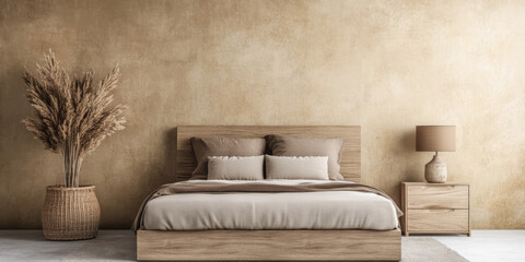 Wall Mural - Minimalist Japanese inspired bedroom in beige tone with minimal decor and soft lighting. Contemporary Real Estate interior design composition