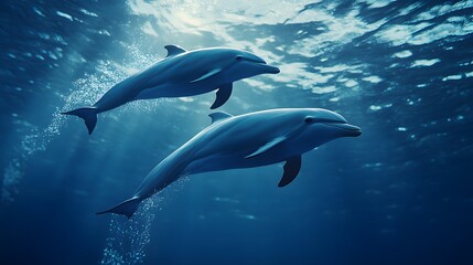 Two dolphins gracefully swim through the serene depths of the ocean, illuminated by shimmering sunlight filtering through the water's surface. 