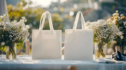 A serene outdoor setting featuring two blank canvas tote bags surrounded by fresh flowers on a table sunny day, perfect for branding and advertising purposes. 