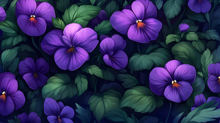 Wall Mural - Purple Pansies Blooming in Lush Green Foliage