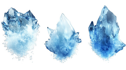 Wall Mural - three blue ice crystals isolated transparent background