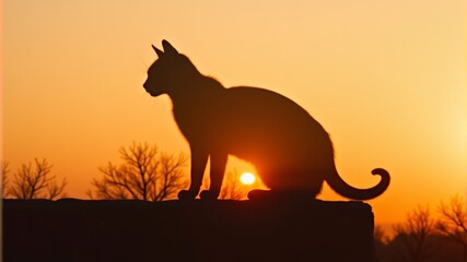 Wall Mural - silhouette of a cat sitting on a porch against a sunset background