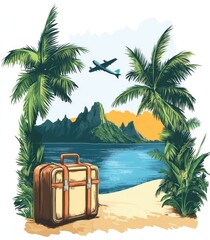 Canvas Print - A vintage suitcase sits on a sandy beach with palm trees and an airplane flying over a tropical island.