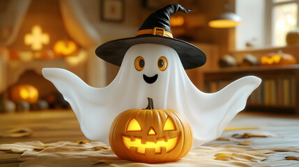 Wall Mural - Friendly Halloween Ghost with Jack O Lantern