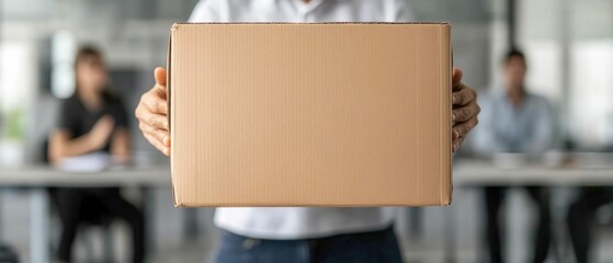 Man holding cardboard box in office environment