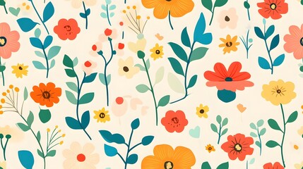 Wall Mural - A vibrant and whimsical floral pattern featuring various colorful flowers and greenery on a light background, perfect for spring-themed designs. 