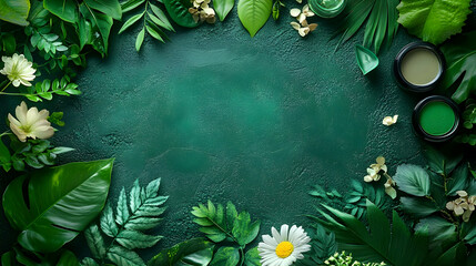 Wall Mural - Green Leaves and Flowers with Eye Shadow on Green Background