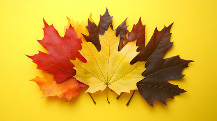 Wall Mural - Autumn Maple Leaves on Yellow Background