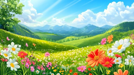 Lush green mountain meadow with blooming wildflowers in the foreground, under a bright blue sky with fluffy clouds.