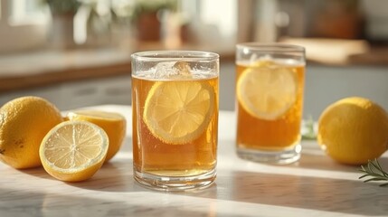 Sticker - Two glasses of iced tea with lemon slices and ice cubes, on a white marble surface, with whole lemons and rosemary sprigs.