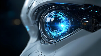 Wall Mural - Futuristic Robot Eye with Blue Glowing Lens