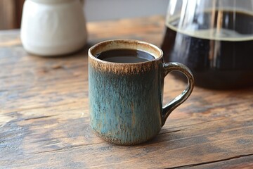 Handcrafted ceramic mug with a unique glaze, set on a wooden table next to a freshly brewed pot of coffee, highlighting artisanal craftsmanship