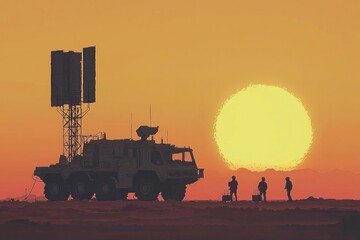 Canvas Print - Military Truck and Soldiers Under a Setting Sun