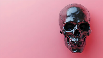 Wall Mural - Black Skull on Pink Background Minimalist Halloween Death Gothic