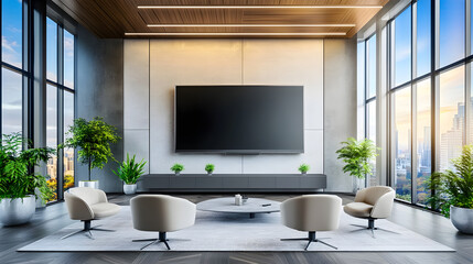 Modern minimalist office aesthetic large TV screen wall mounting technology innovation concept upscale corporate lobby design cool calm serene focus attention grabber statement piece center attraction