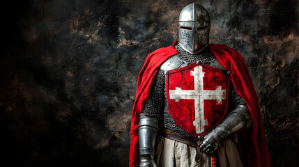 Medieval Knight in Armor with Red Cross Shield