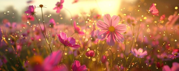 Poster - Blooming cosmos flowers in a summer field, 4K hyperrealistic photo