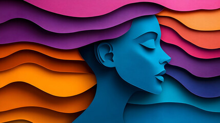 Poster - Abstract Paper Cut Woman Face Profile with Colorful Waves