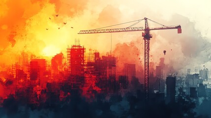 Wall Mural - Crane in a bustling city, building a skyscraper, vibrant urban backdrop, watercolor style