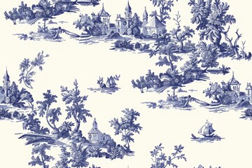 Toile pattern with tree. toile de jouy seamless pattern. Blue and white toile pattern with a watercolor effect. perfect for wallpaper or fabric design. Tile pattern