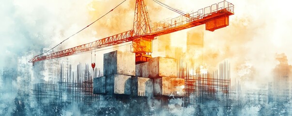 Wall Mural - Crane lifting concrete blocks, modern construction site, watercolor style