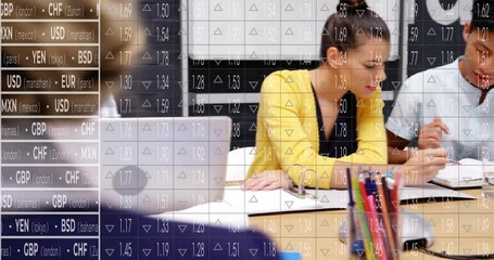 Poster - currency exchange rates animation over businesswoman working at desk in office