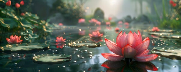 Wall Mural - Peaceful lotus pond with floating blooms, 4K hyperrealistic photo