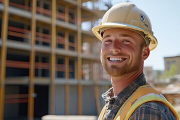 Wall Mural - smiling male construction worker wearing a hard hat, standing in front of a construction site with buildings in the background