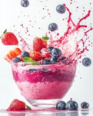 Wall Mural - A bowl of fresh fruit smoothie with blueberries and strawberries flying in the air.