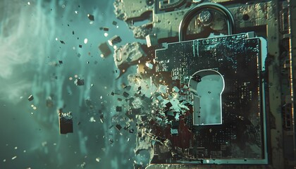 Poster - An abstract representation of a broken padlock, symbolizing security breach, digital chaos, and vulnerability in a modern context.