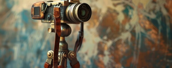 Wall Mural - Antique camera tripod with a leather strap, 4K hyperrealistic photo