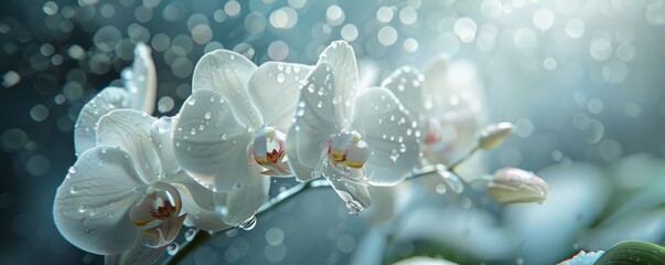 Wall Mural - Elegant white orchids with dew drops, 4K hyperrealistic photo